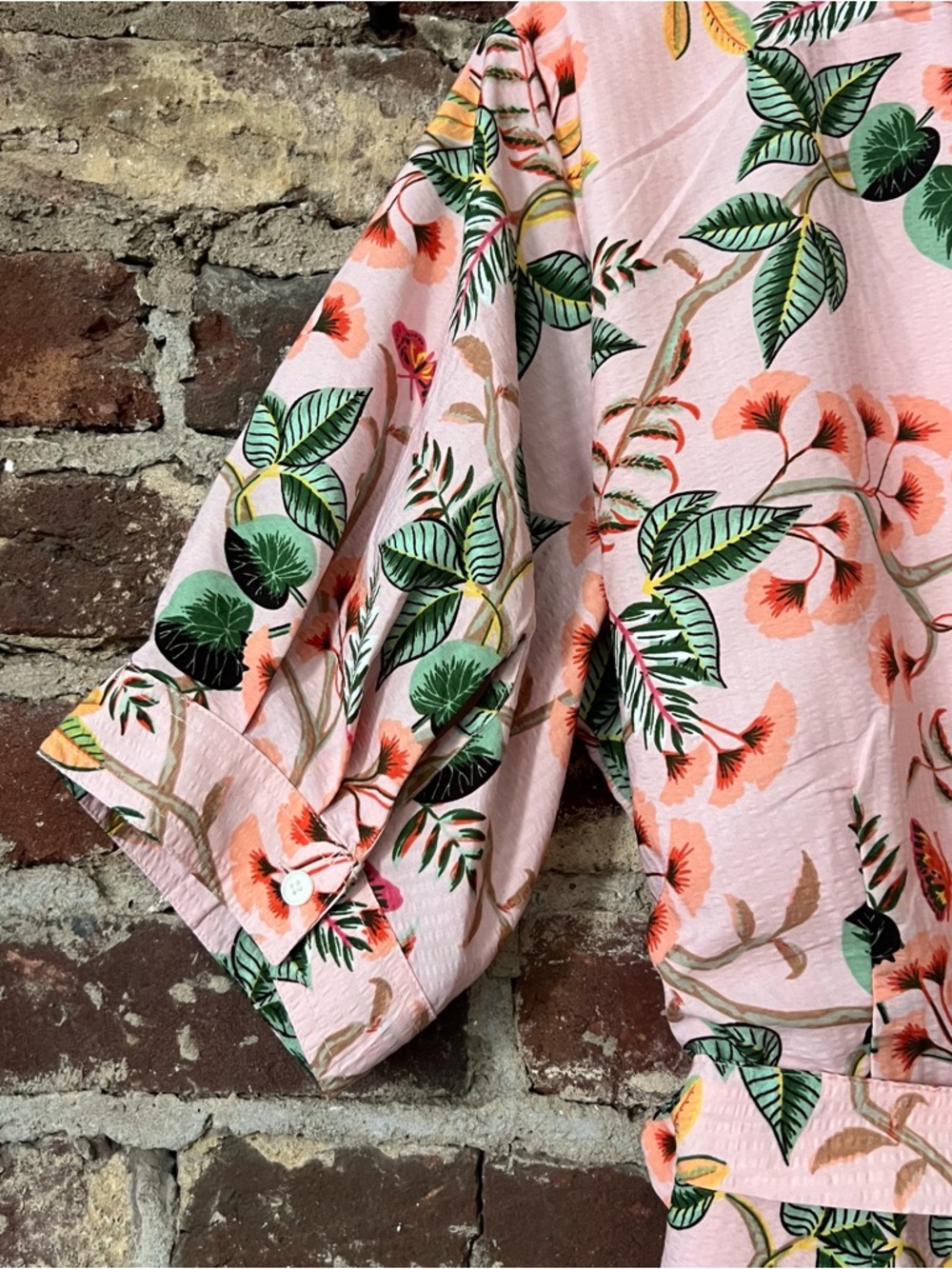 LOFT Peach-Pink Floral Midi Dress with Green Leaf Print - Picture 7 of 8